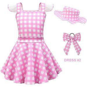 NWT Adorable Barbie Costume Movie Pink Gingham Plaid Girls Dresses + Gift